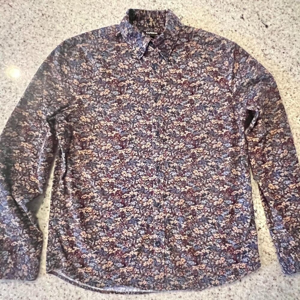 Express Men's Corduroy Floral Long Sleeve Button-Down